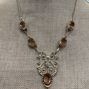 Morganite gemstone filigree silver plate over brass necklace